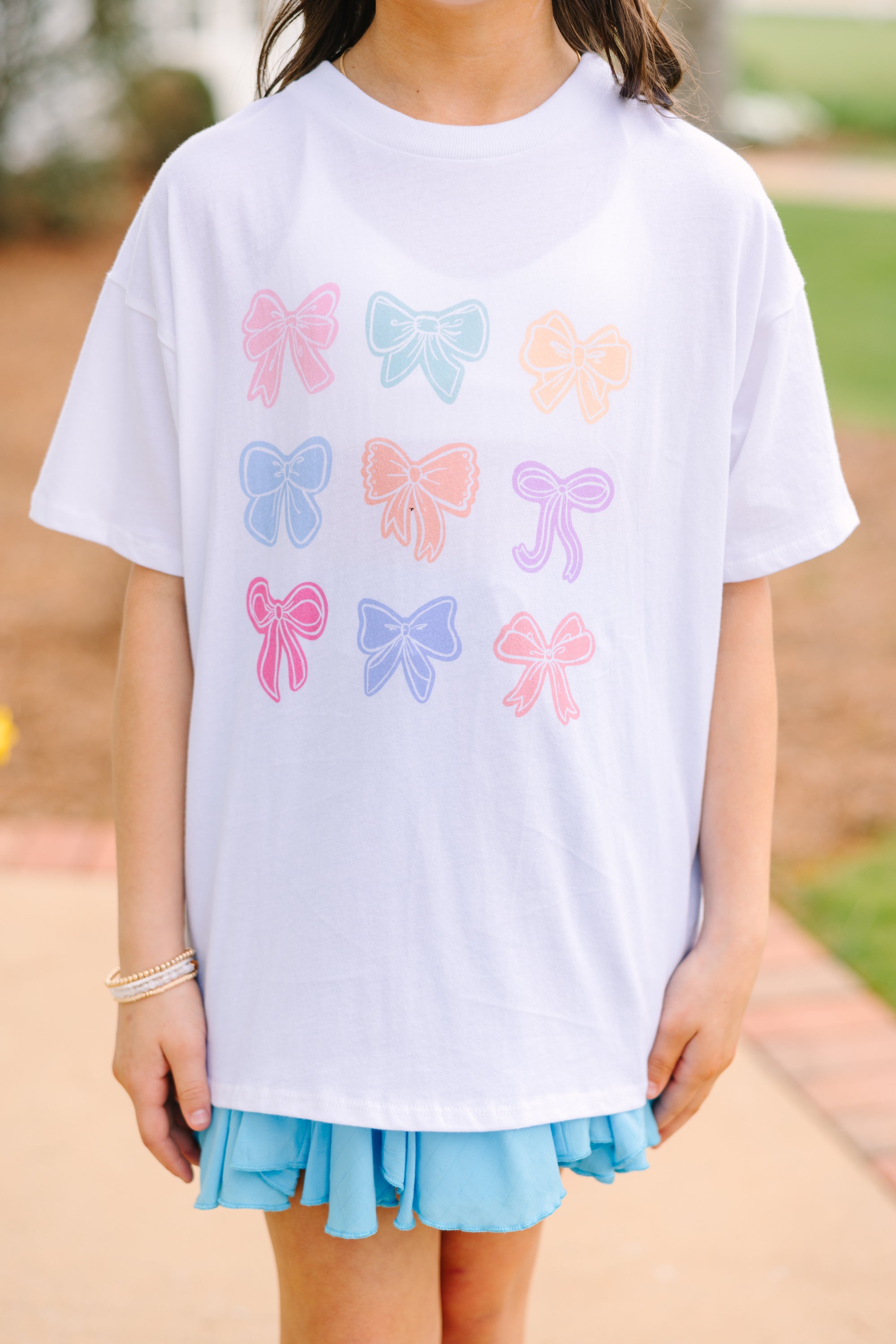 Girls Oversized Graphic Tee - Bowtiful White Color