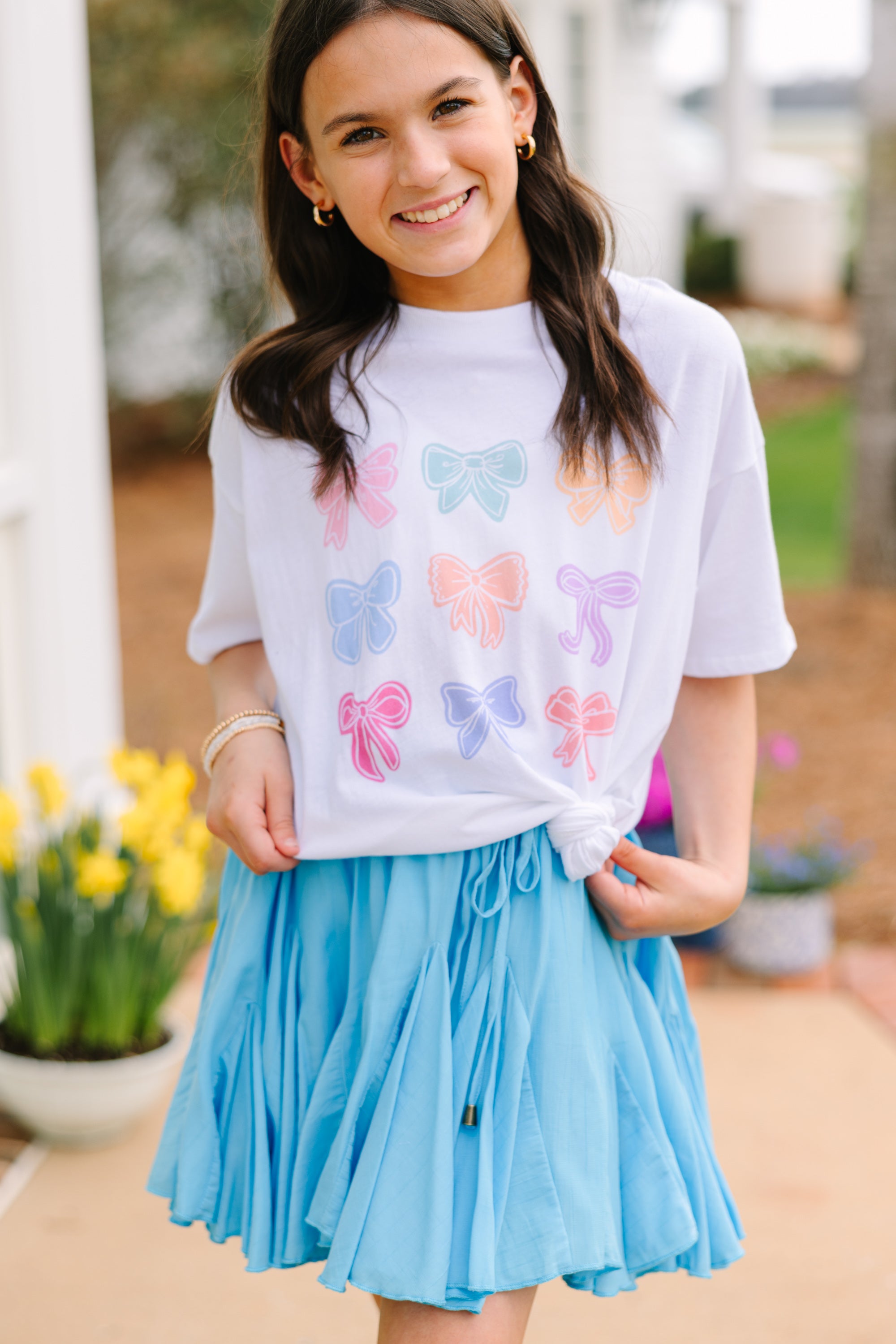 Girls Oversized Graphic Tee - Bowtiful White Color