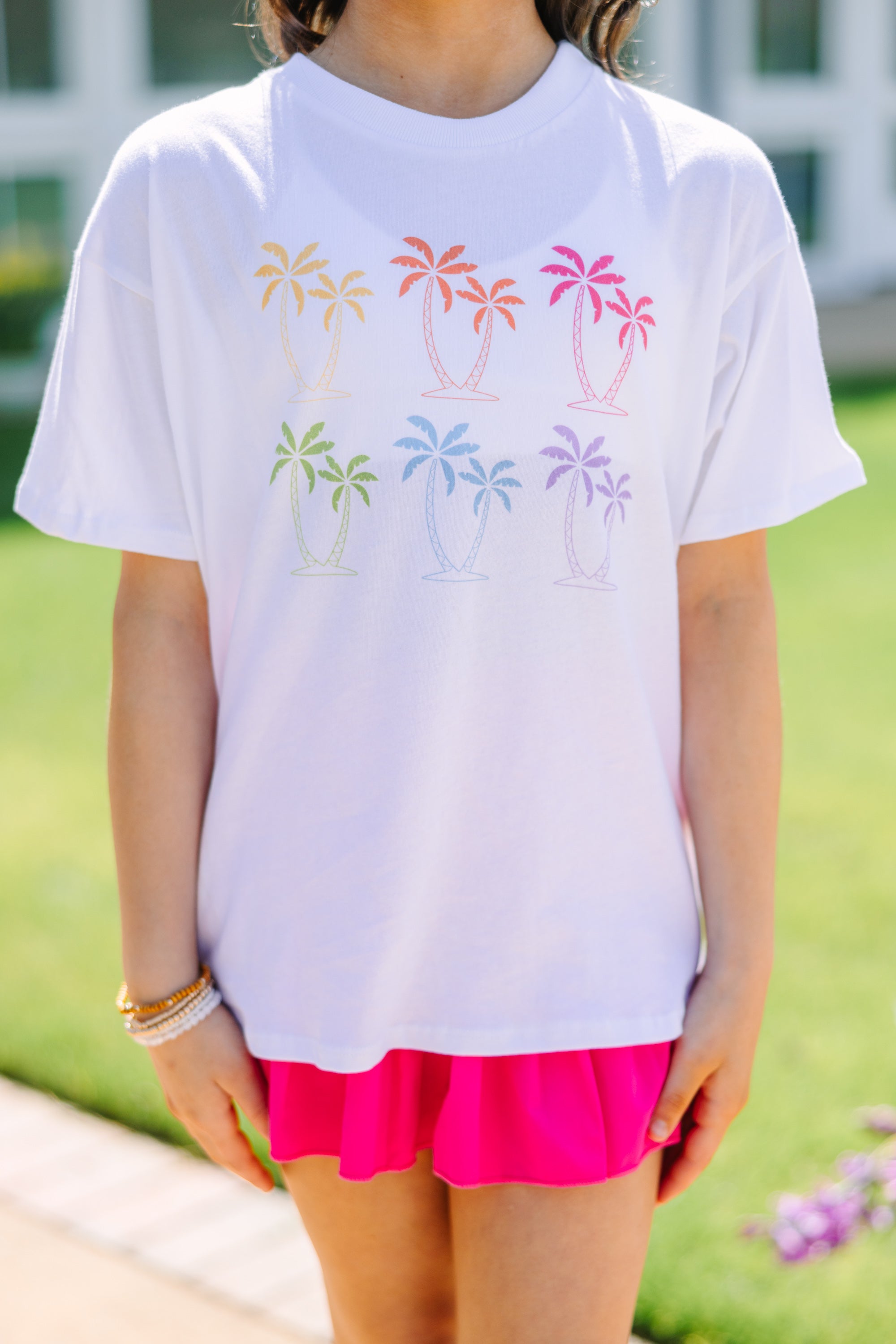 Girls Oversized Graphic Tee: Palms Away White