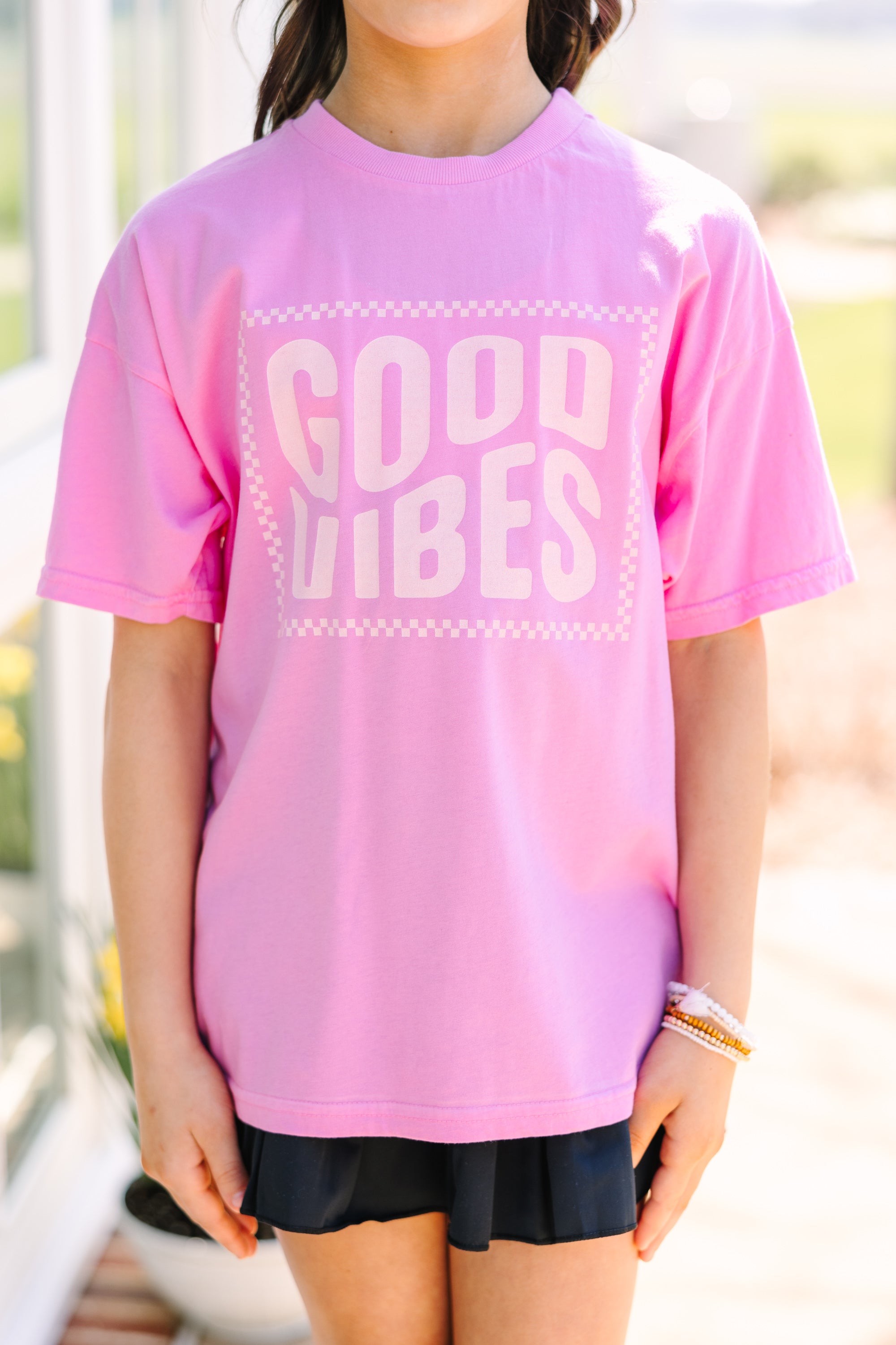 Good Vibes Only Pink Oversized Graphic Tee for Girls