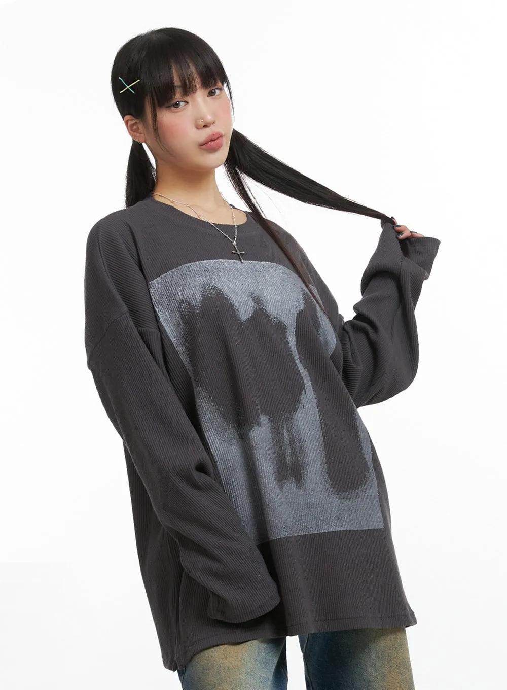 Oversized Graphic Ribbed T-Shirt IJ410