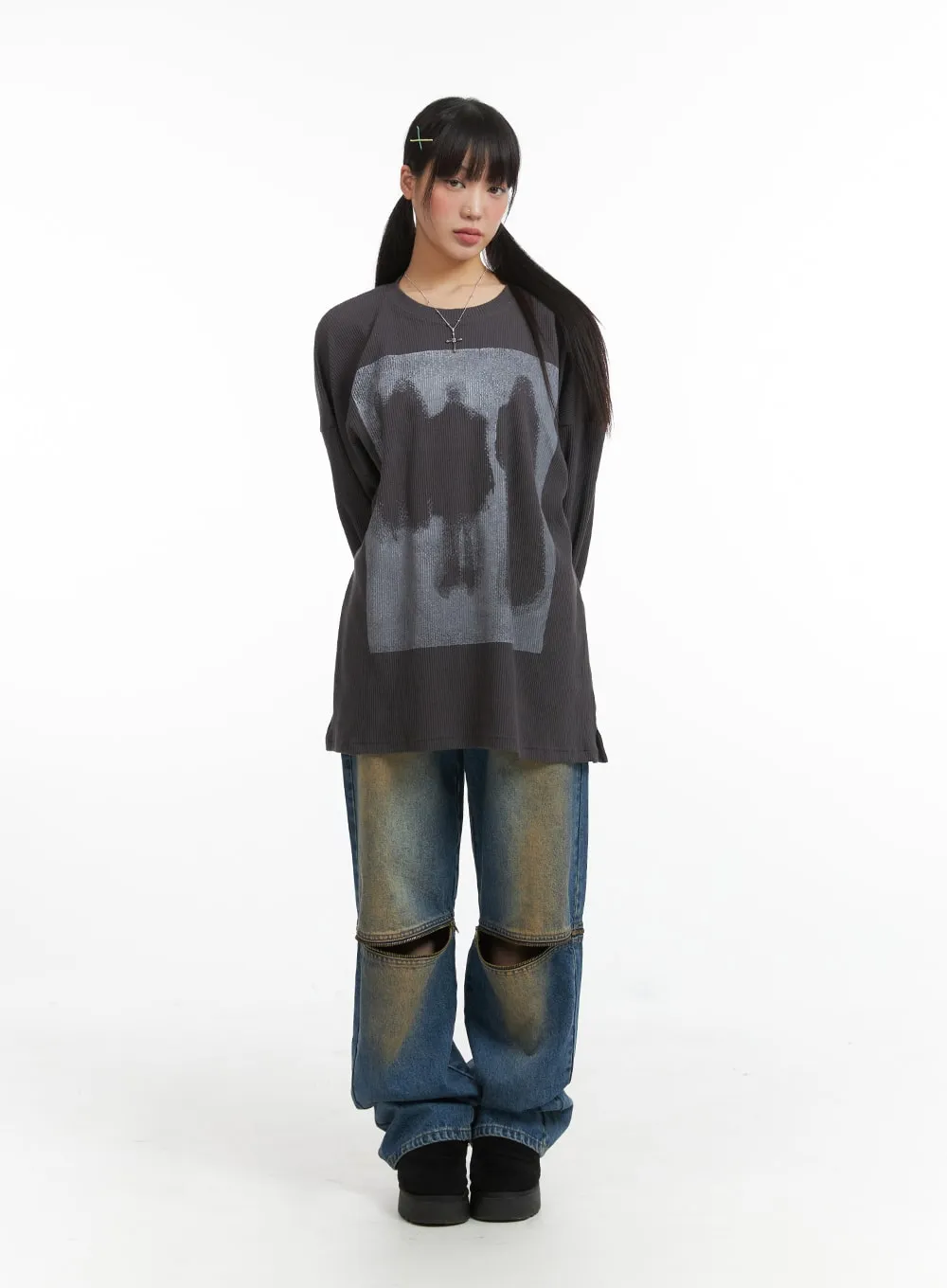 Oversized Graphic Ribbed T-Shirt IJ410