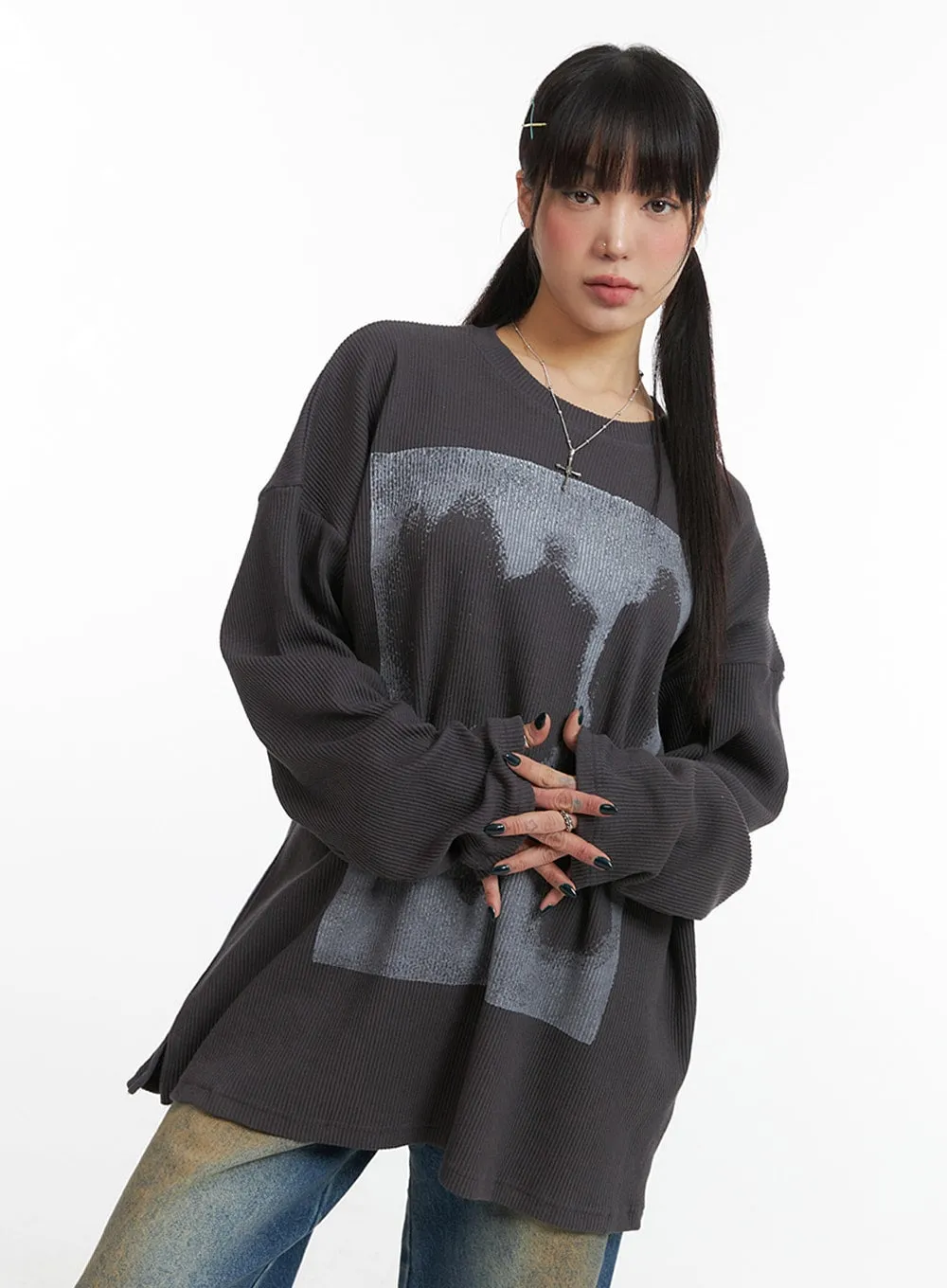 Oversized Graphic Ribbed T-Shirt IJ410