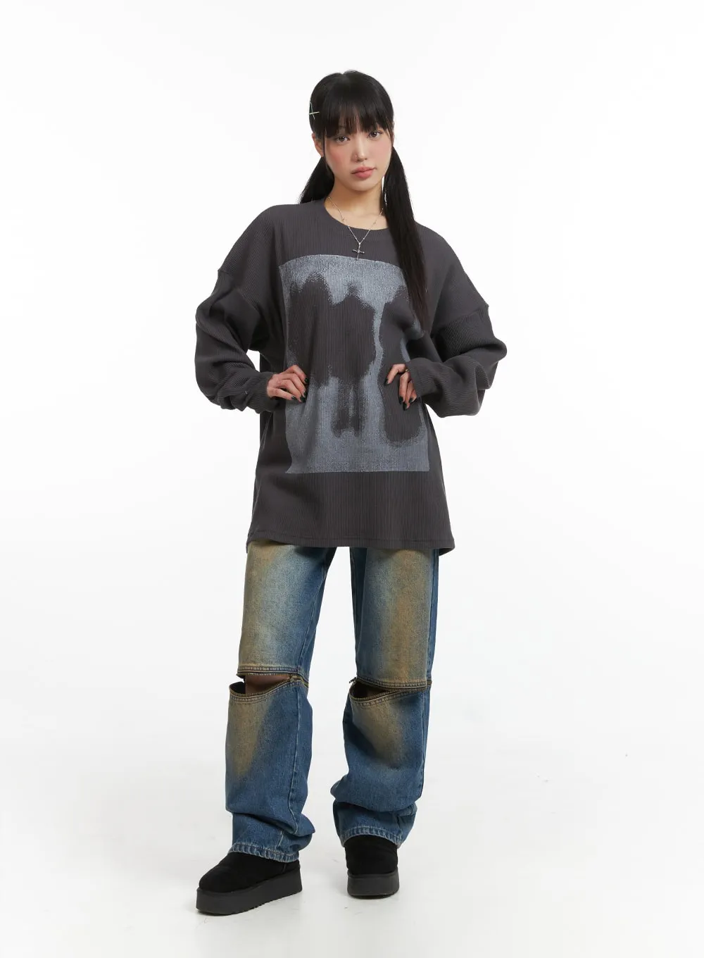 Oversized Graphic Ribbed T-Shirt IJ410