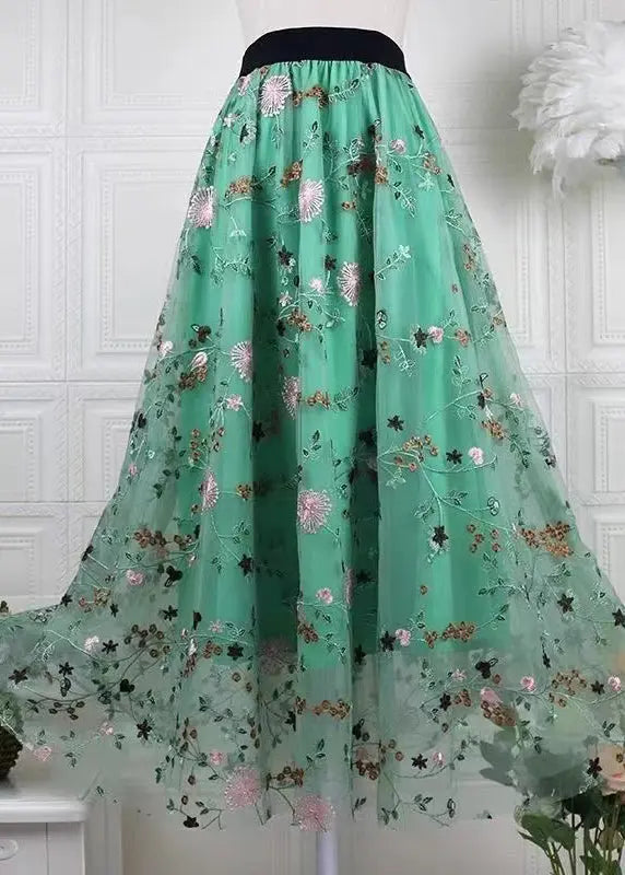 Handmade Green Embroidered Elastic Waist Tulle Skirts - Spring Season HA1014