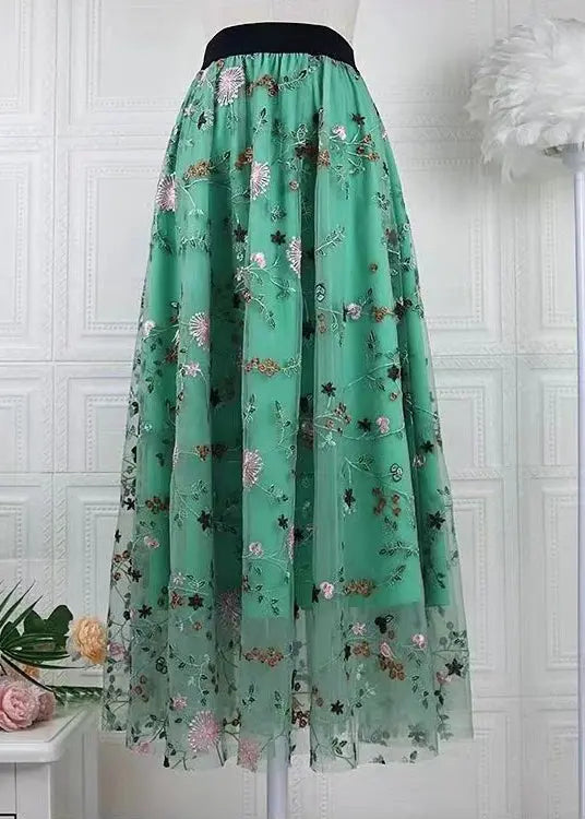 Handmade Green Embroidered Elastic Waist Tulle Skirts - Spring Season HA1014