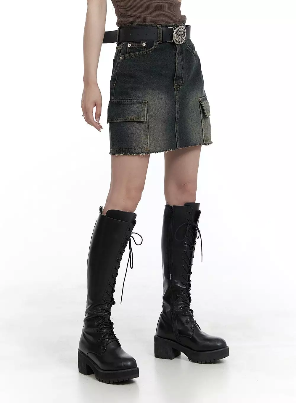 Hem Cargo Denim Mini Skirt - Destroyed Style CA402