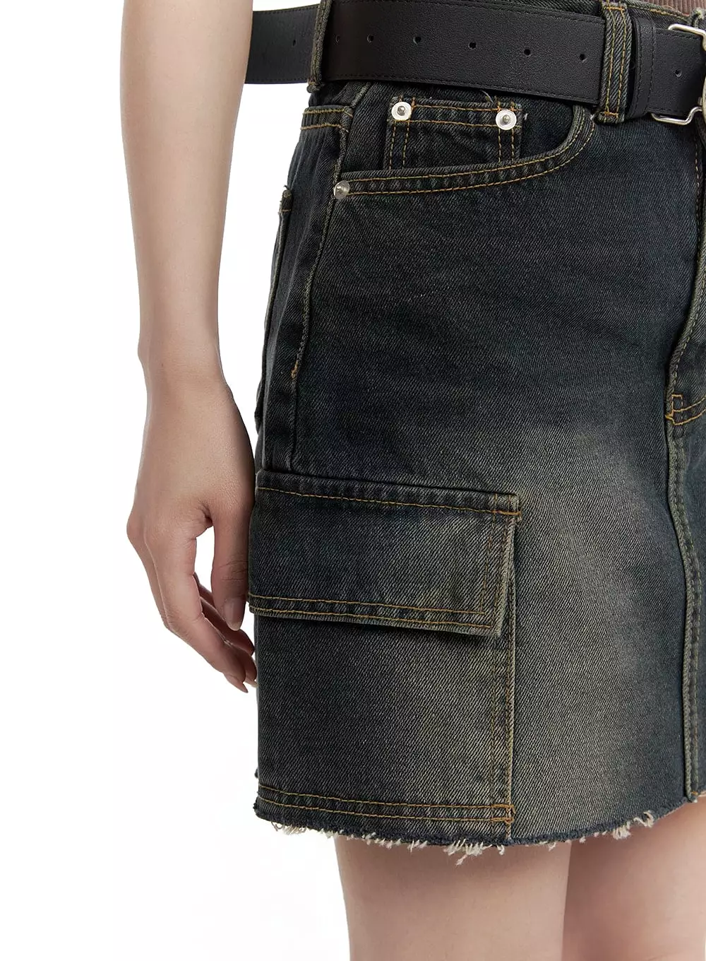 Hem Cargo Denim Mini Skirt - Destroyed Style CA402