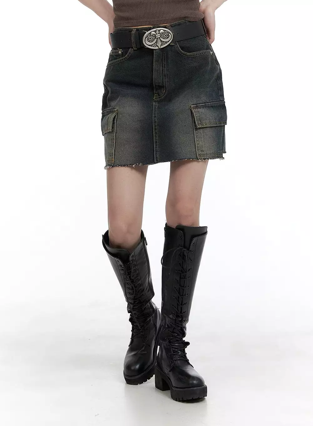 Hem Cargo Denim Mini Skirt - Destroyed Style CA402