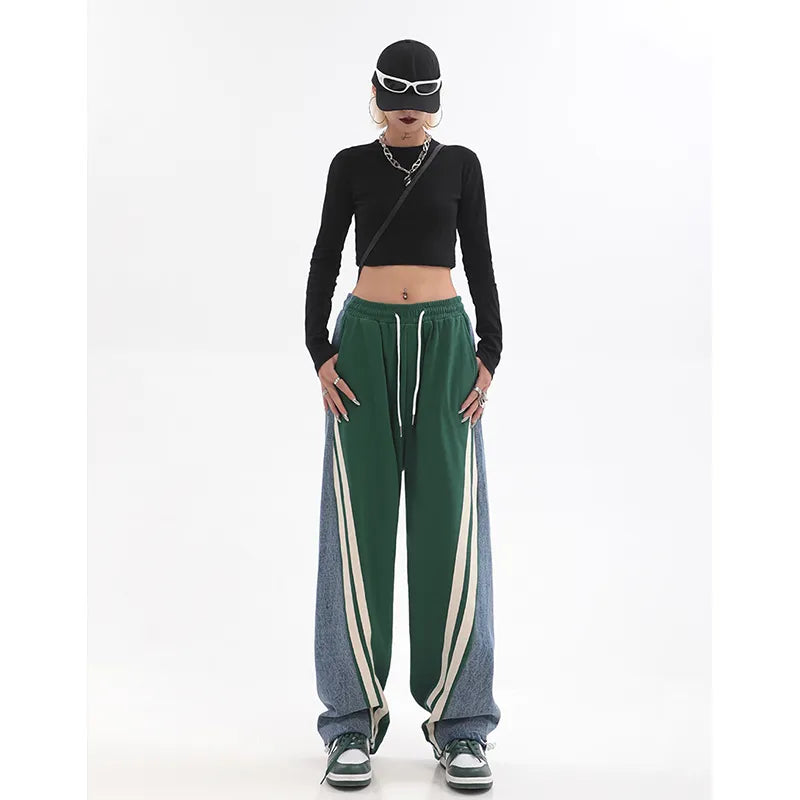 High Waist Contrast Color Sweatpants with Drawstring Tie