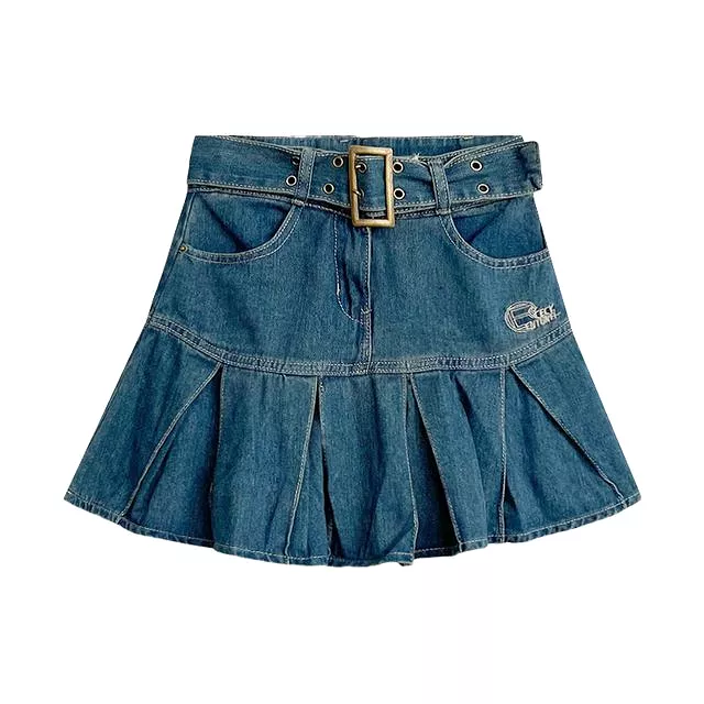 High Waist Denim Skirt with Lettering Embroidery and Pleated A-Line Design with Belt