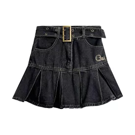 High Waist Denim Skirt with Lettering Embroidery and Pleated A-Line Design with Belt