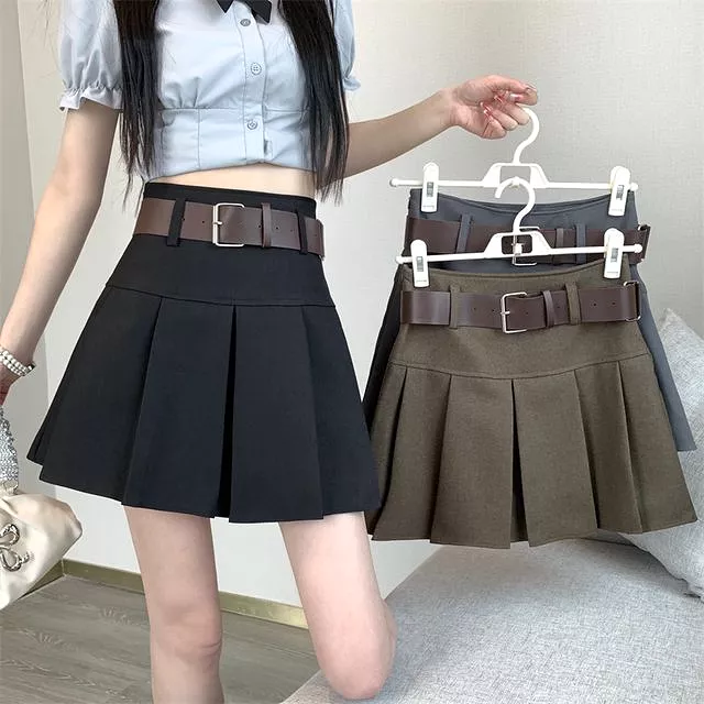 High Waist Pleated Mini Skirt - A-Line Style - EE25