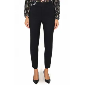 High-waisted black pants with jewel buckle