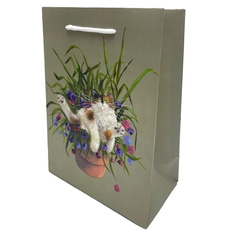 Kim Haskins Floral Cat Green Gift Bag - Medium GBAG87B