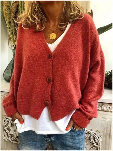 Knit sweaters and cardigans for women with long sleeves, featuring rib-knit design in casual solid colors.