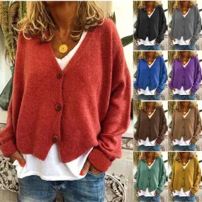 Knit sweaters and cardigans for women with long sleeves, featuring rib-knit design in casual solid colors.