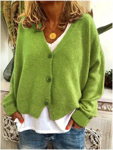 Knit sweaters and cardigans for women with long sleeves, featuring rib-knit design in casual solid colors.