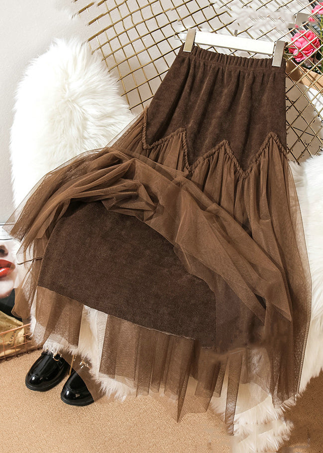 Loose Coffee Patchwork Tulle Skirts, Ruffled Elastic Waist, Spring AS1054