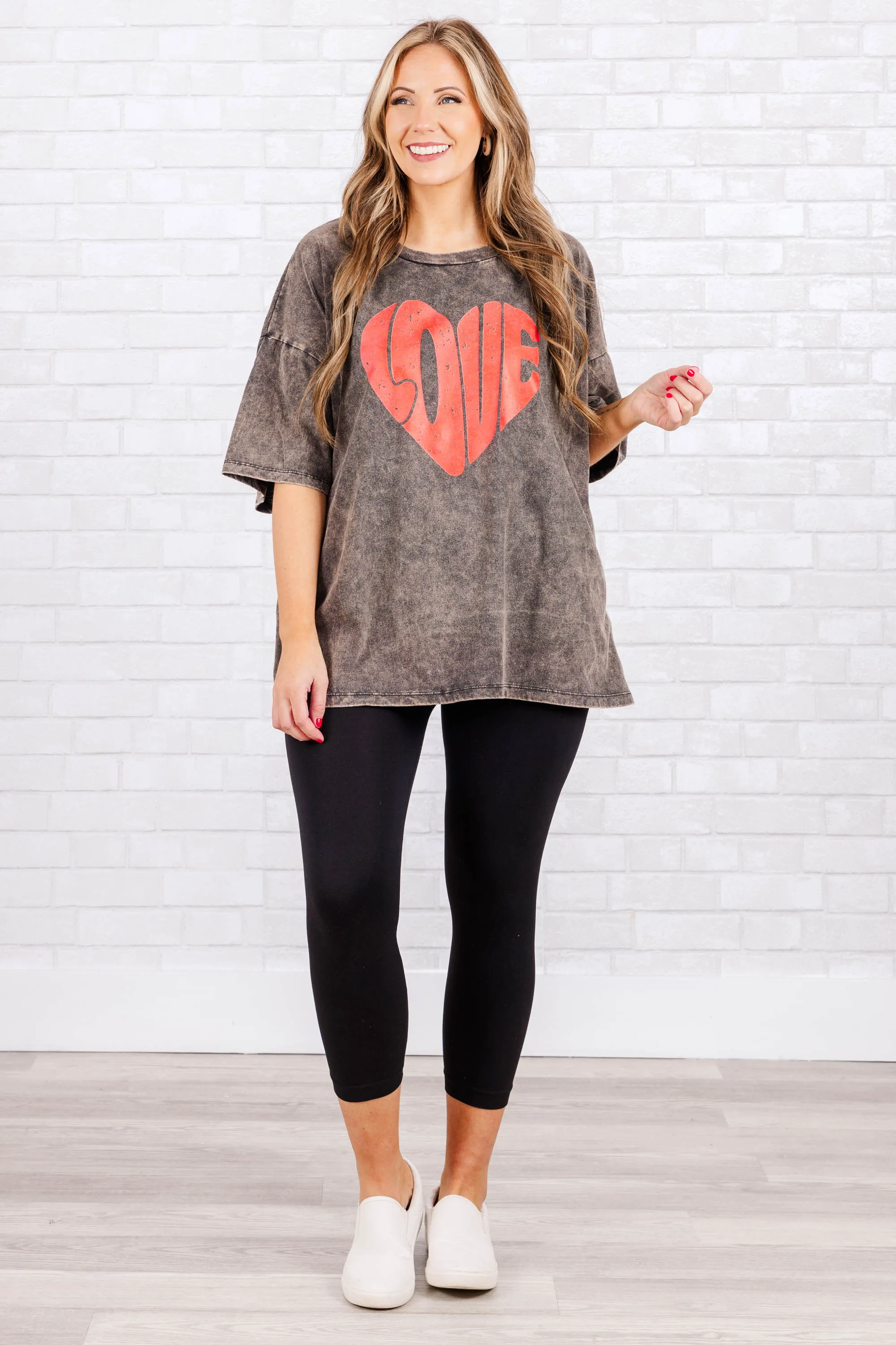 Love Is In The Air Acid Wash Boyfriend Top, Ash Black