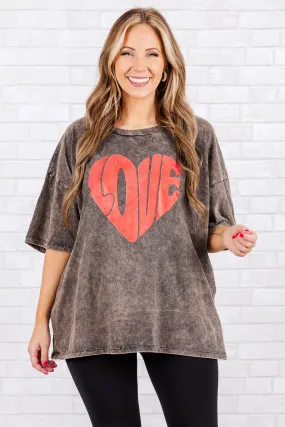 Love Is In The Air Acid Wash Boyfriend Top, Ash Black