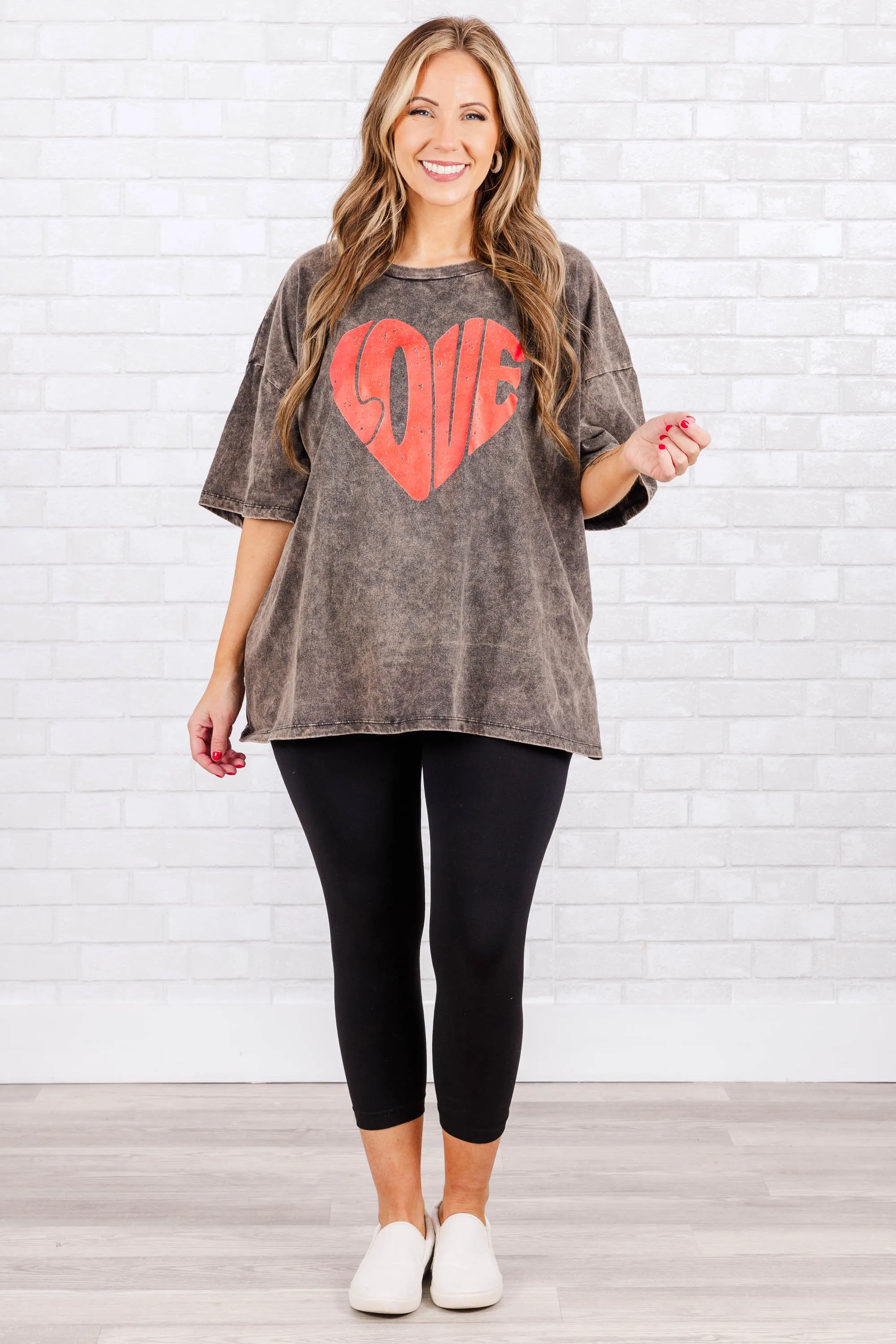 Love Is In The Air Acid Wash Boyfriend Top, Ash Black