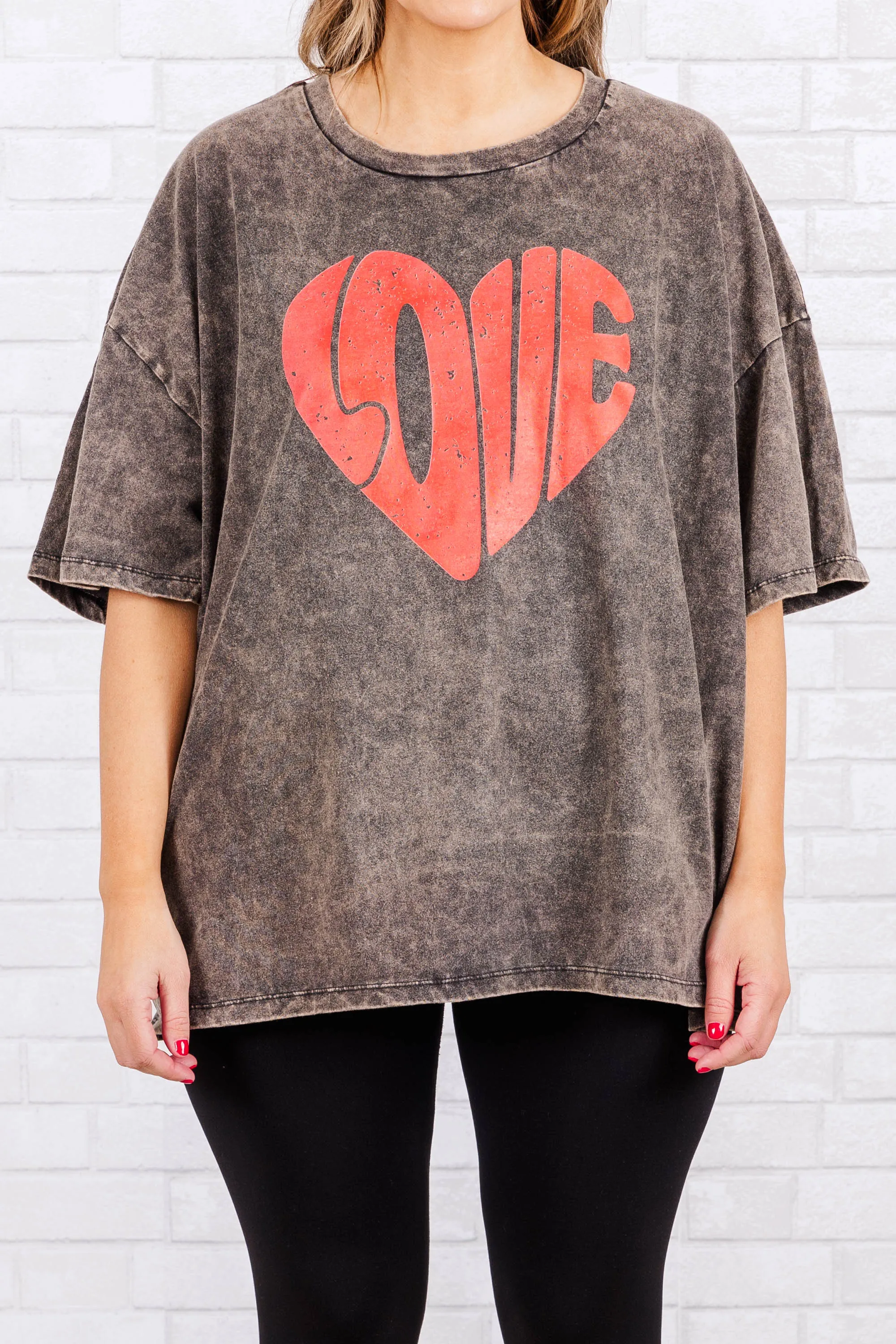 Love Is In The Air Acid Wash Boyfriend Top, Ash Black