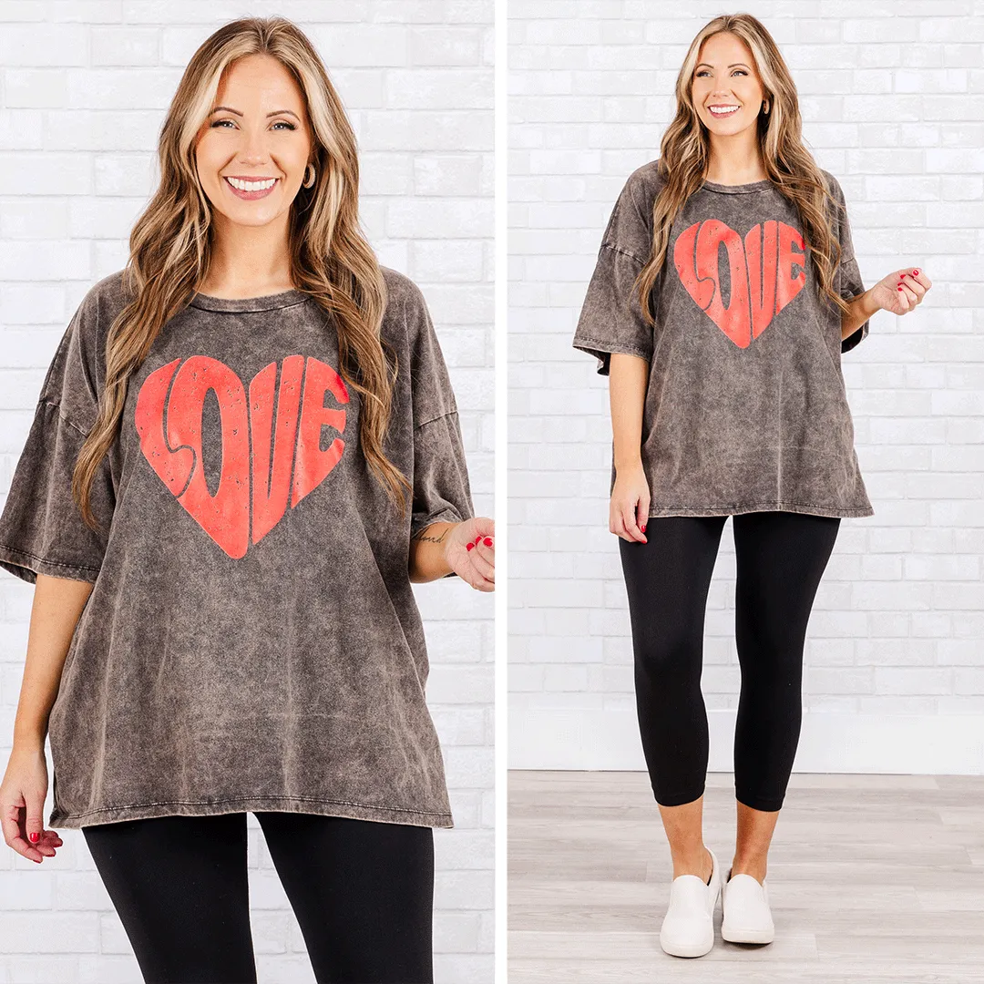 Love Is In The Air Acid Wash Boyfriend Top, Ash Black