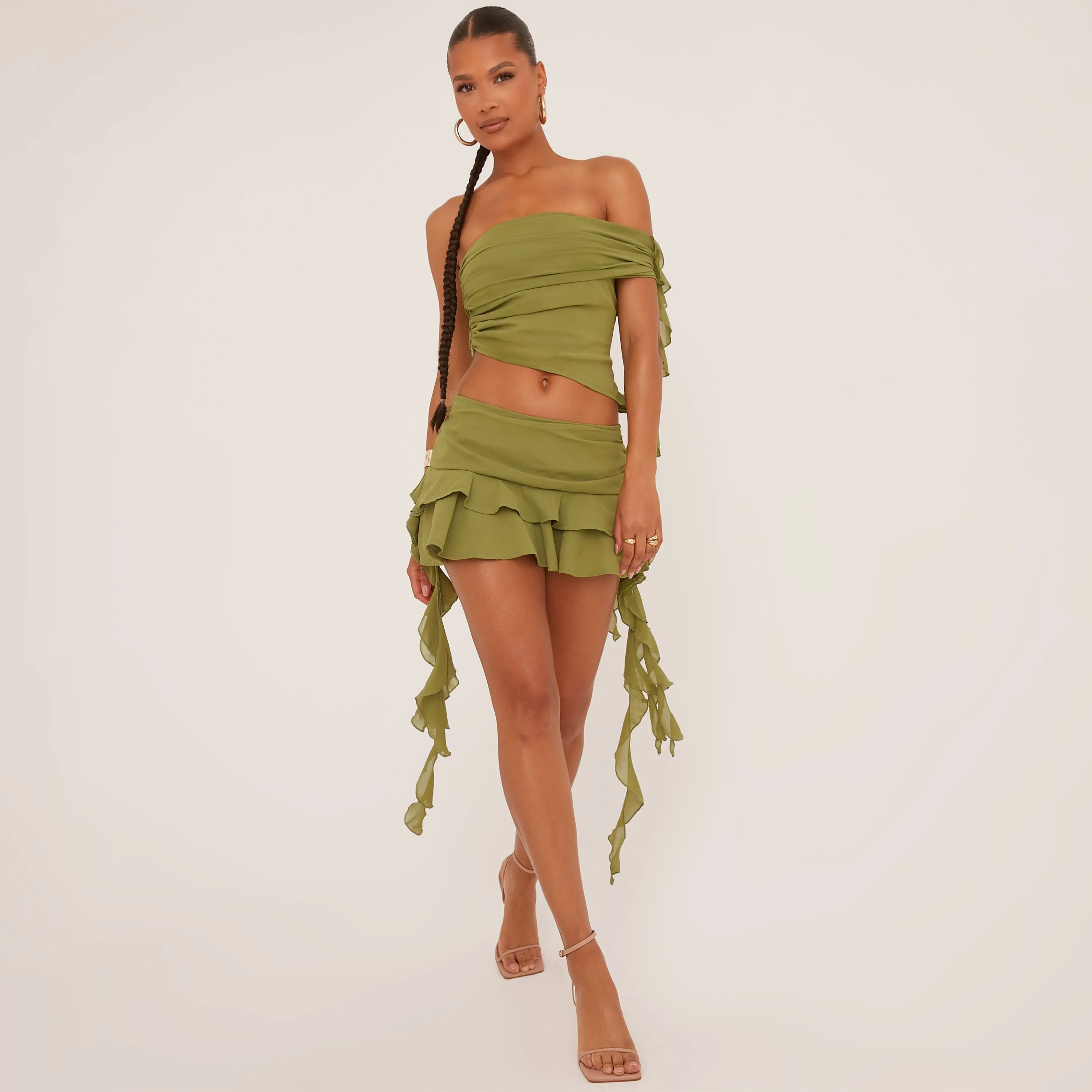 Green Mesh Mini Skirt with Low Rise Frill Detail