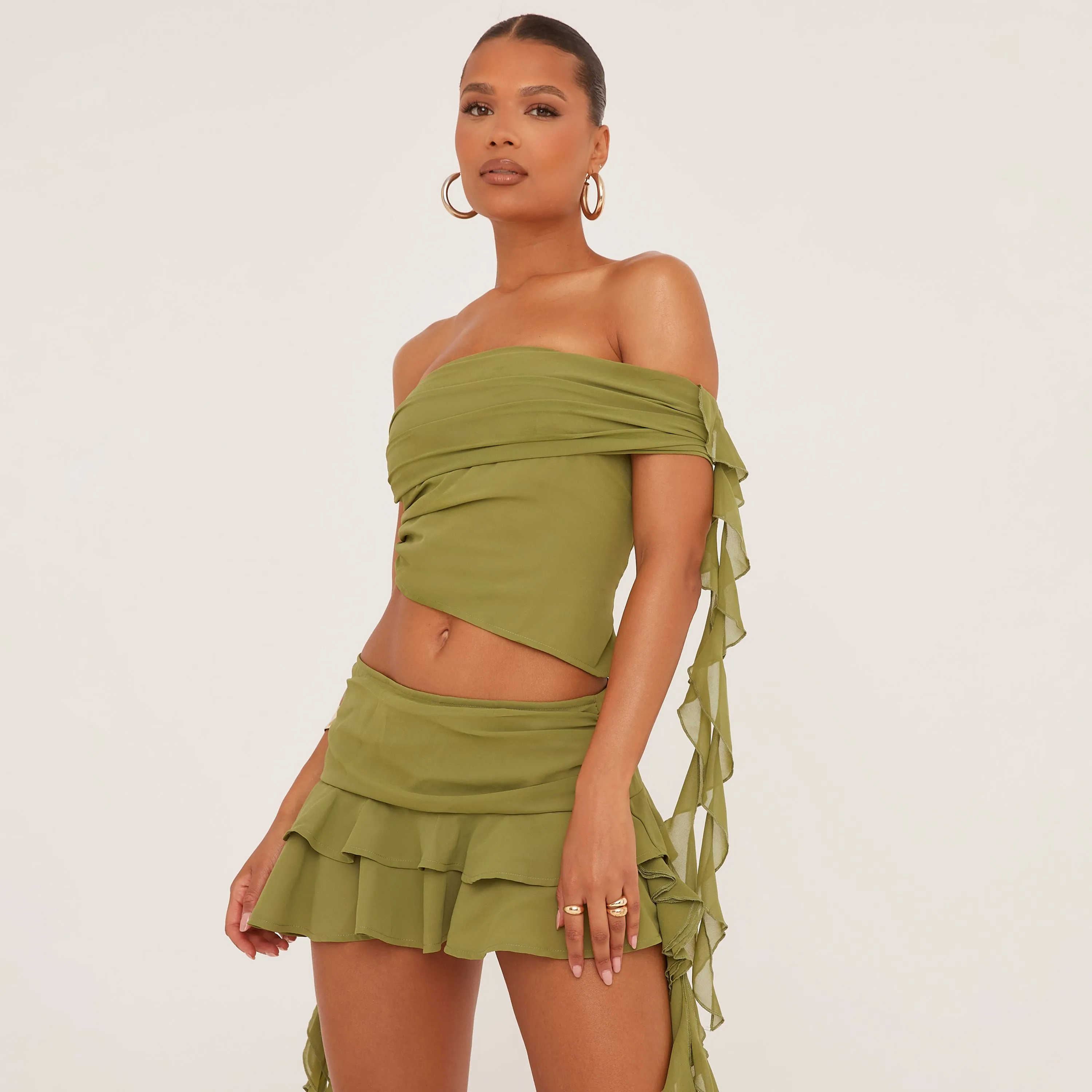 Green Mesh Mini Skirt with Low Rise Frill Detail