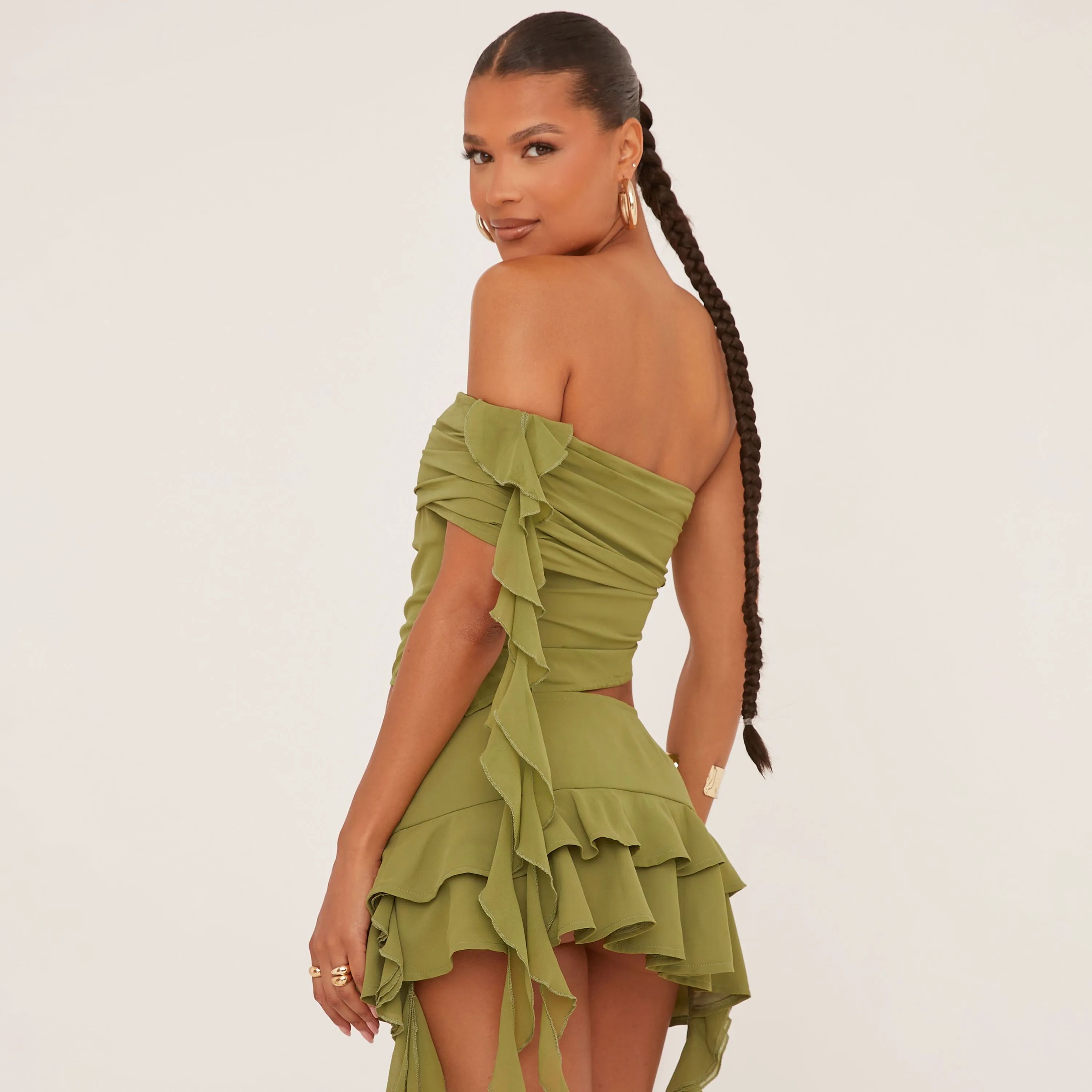 Green Mesh Mini Skirt with Low Rise Frill Detail