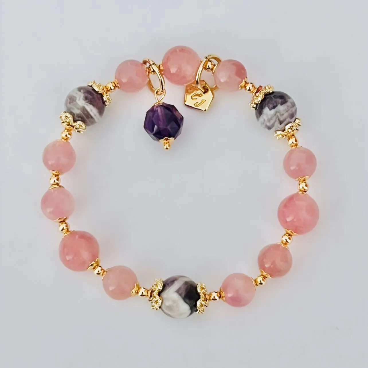 Madagascar Rose Quartz and Chevron Amethyst Bracelet for Sale