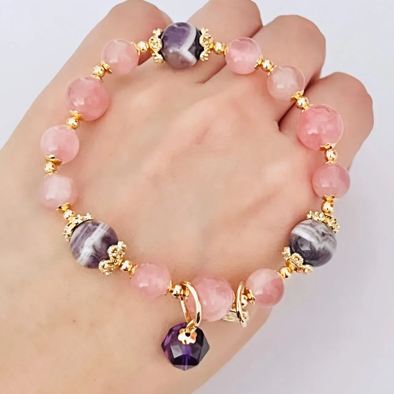 Madagascar Rose Quartz and Chevron Amethyst Bracelet for Sale