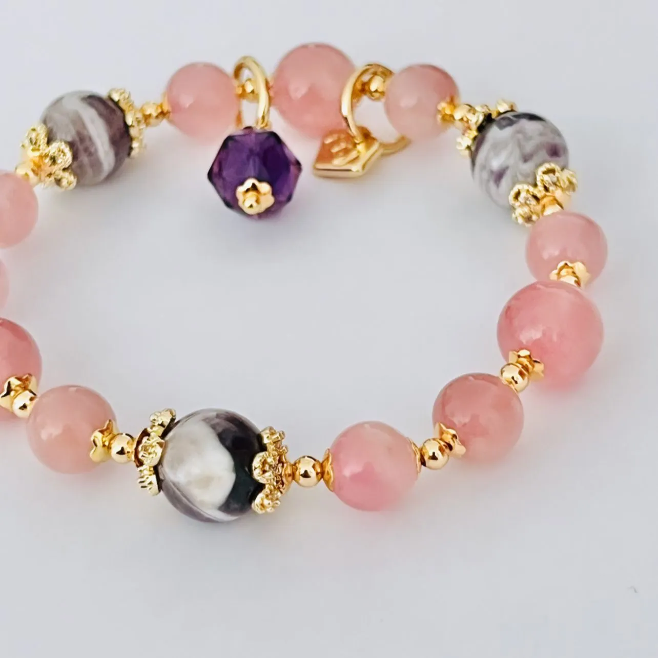 Madagascar Rose Quartz and Chevron Amethyst Bracelet for Sale