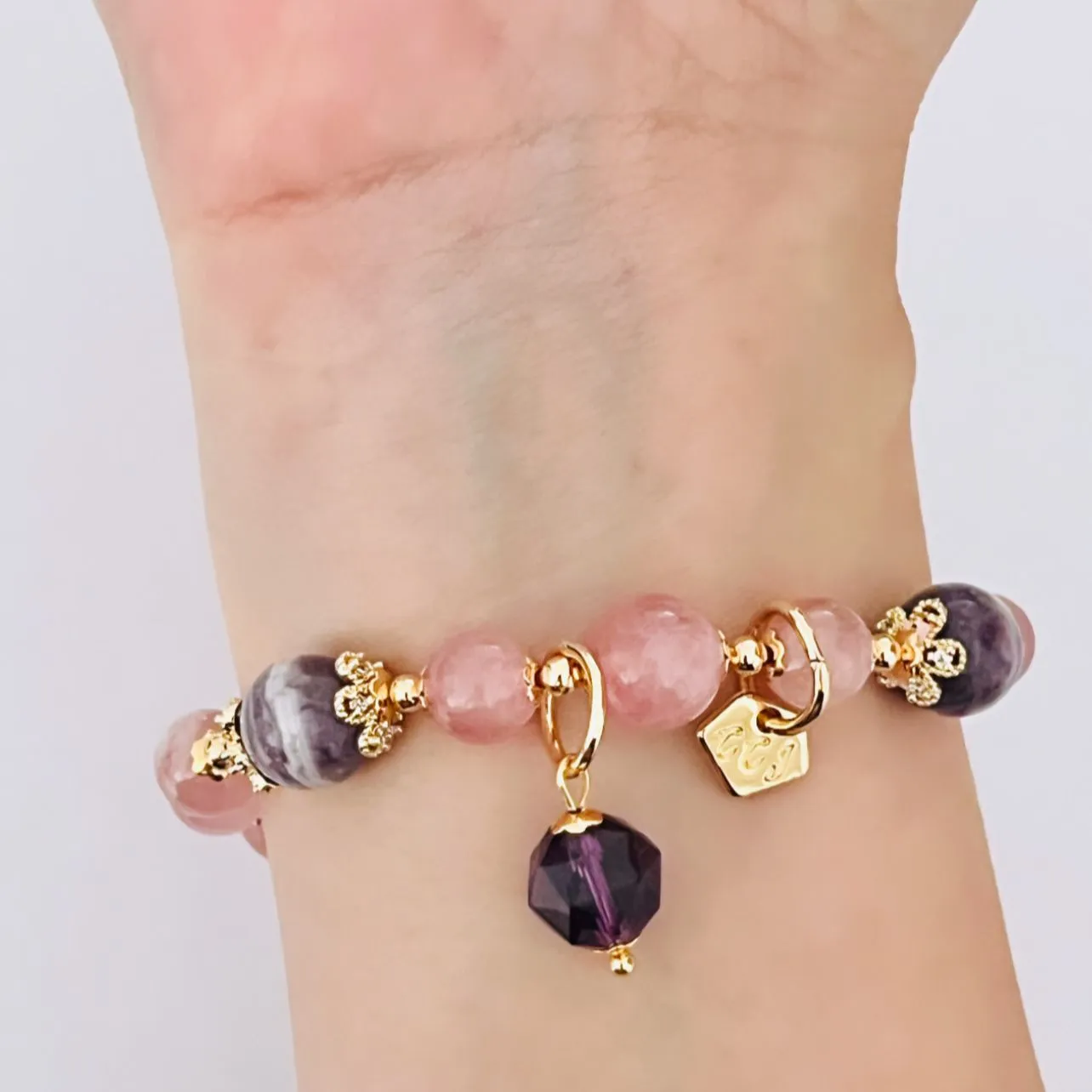 Madagascar Rose Quartz and Chevron Amethyst Bracelet for Sale