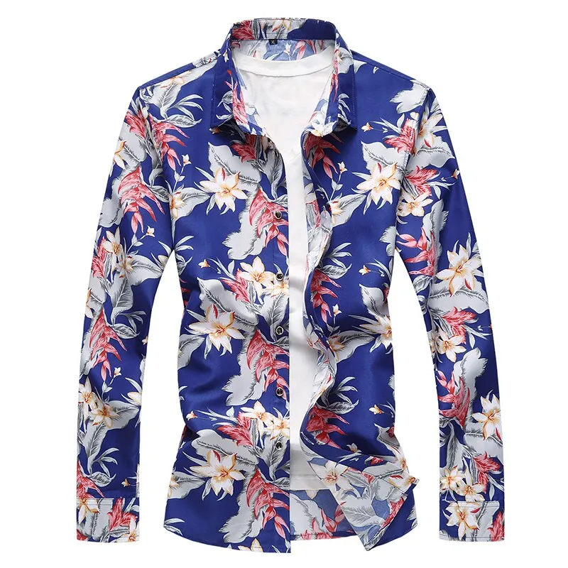 Mens Regular Flower Printed Broadcloth Casual Long Sleeve Slim Shirt