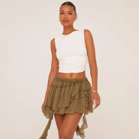 Khaki Green Mesh Mini Skirt with Frill Detail and Mid Rise Distress