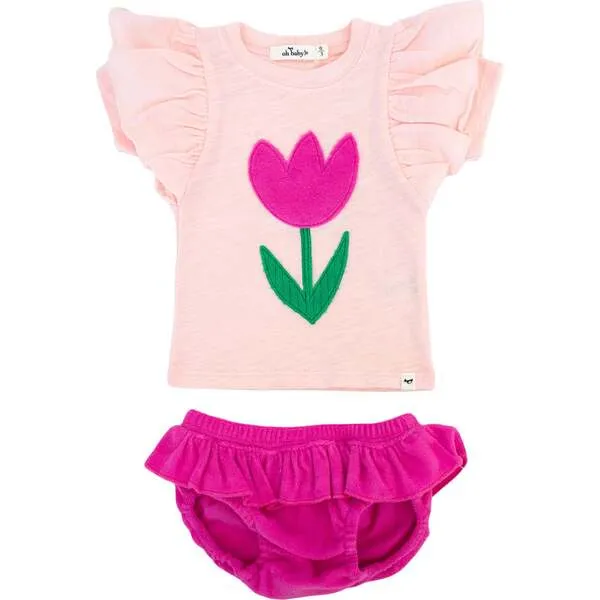 Tulip Terry Applique Butterfly Sleeve Tee Skirted Tushie Set - Cotton Candy - Baby Girls