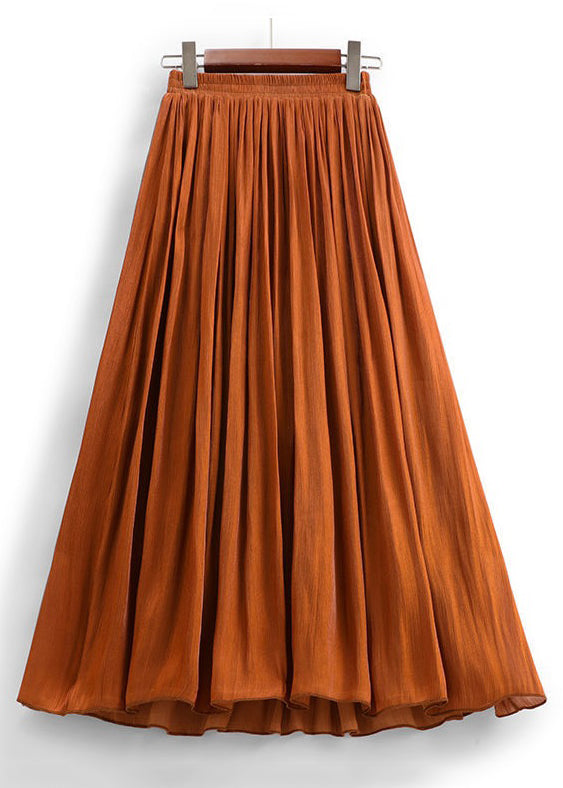 Orange Cotton Pleated Skirts High Waist