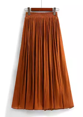 Orange Cotton Pleated Skirts High Waist