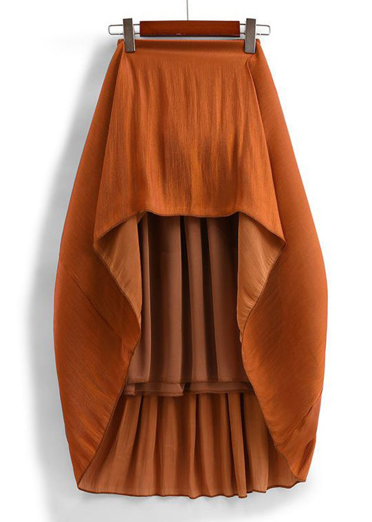 Orange Cotton Pleated Skirts High Waist