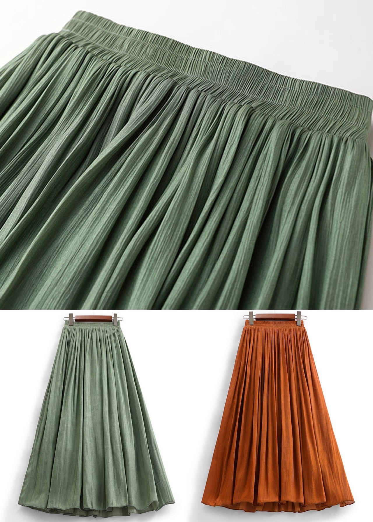 Orange Cotton Pleated Skirts High Waist