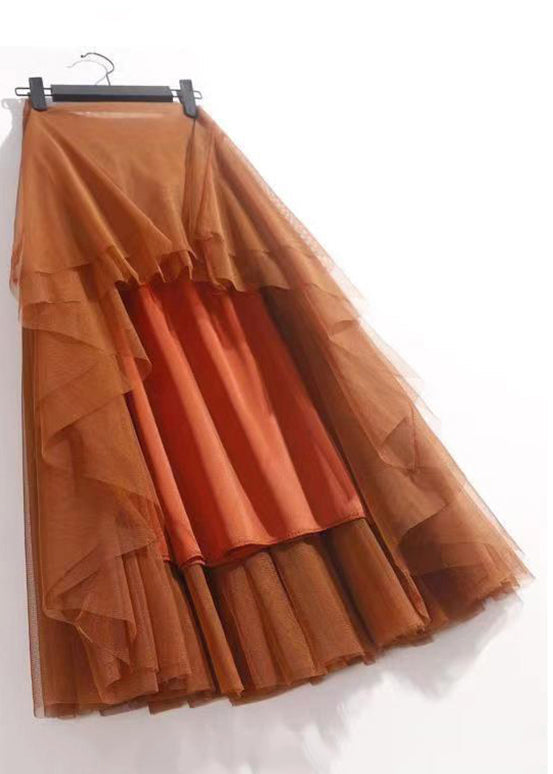 Orange Wrinkled Tulle Skirts High Waist - AS1050