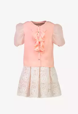 Organza Ruffle Blouse and Pleated Lace Skirts Set