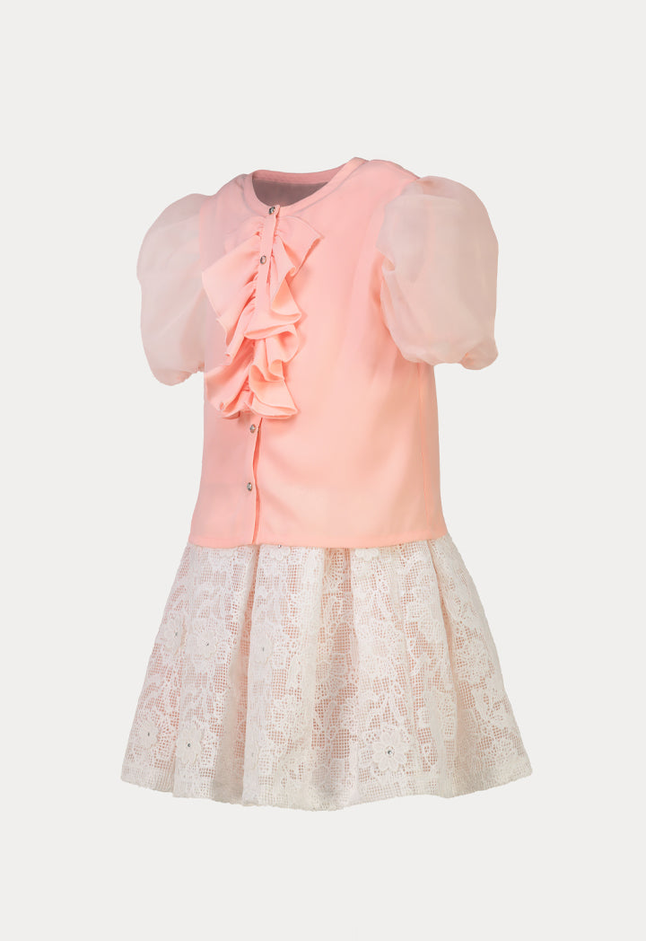 Organza Ruffle Blouse and Pleated Lace Skirts Set