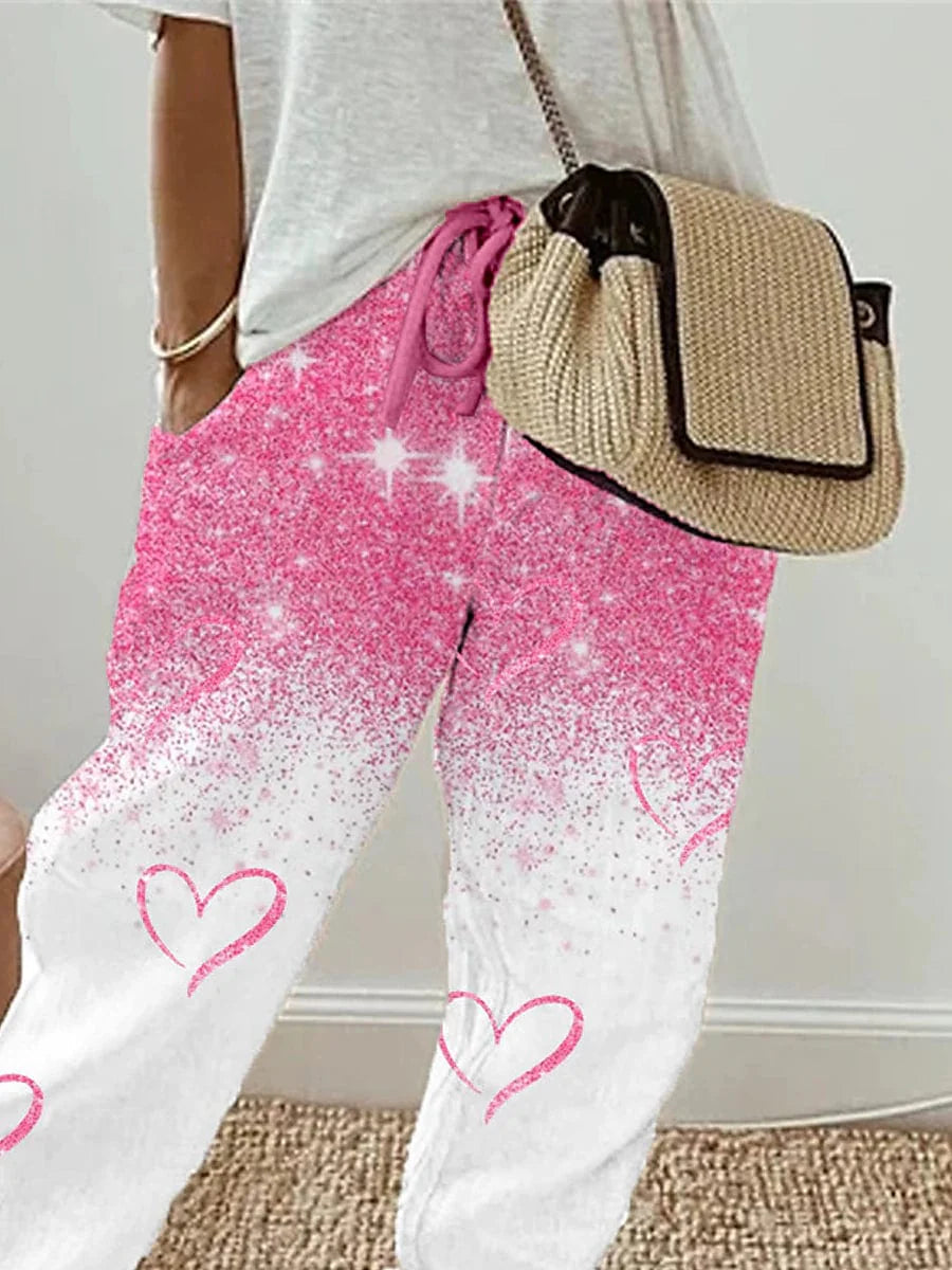 Pink Faux Linen High Waist Sweatpants for Women