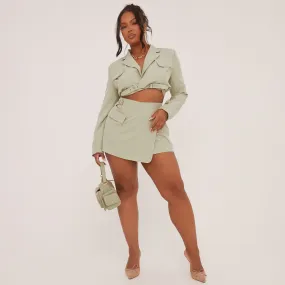 Sage Green Plus Wrap Mini Skirt with High Waist Buckle Detail