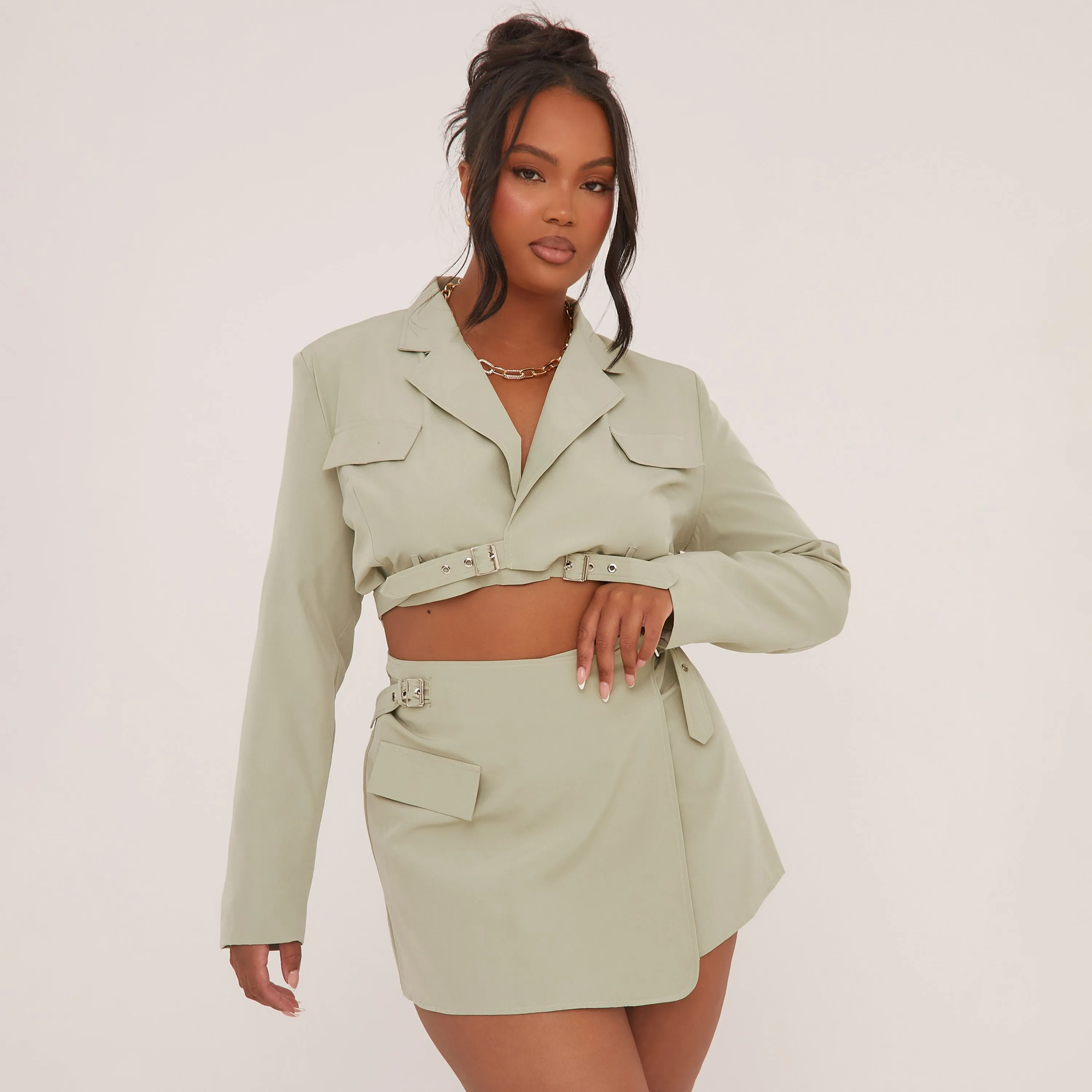 Sage Green Plus Wrap Mini Skirt with High Waist Buckle Detail