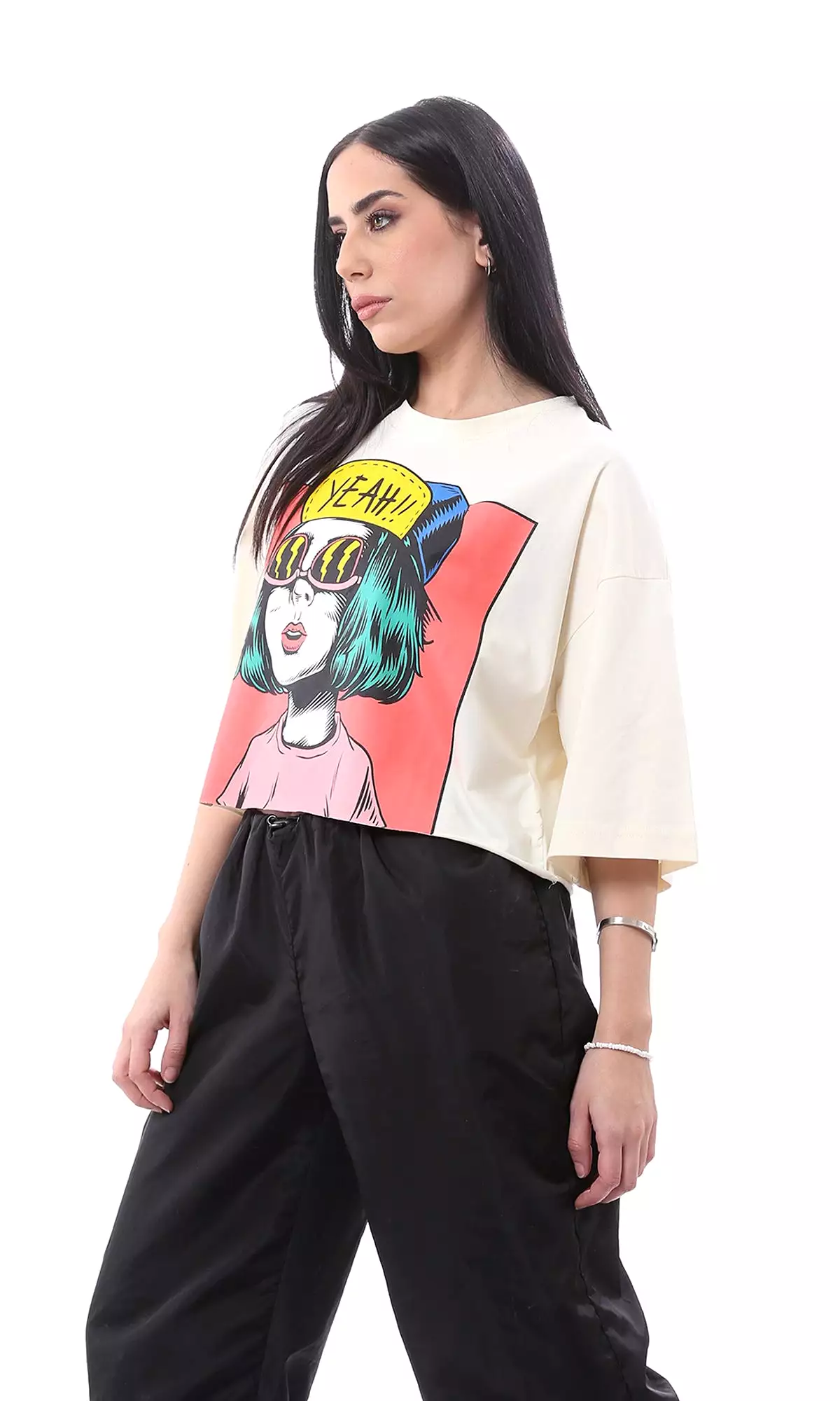 Printed Cream T-Shirt with Loose Short Sleeves - Slip On