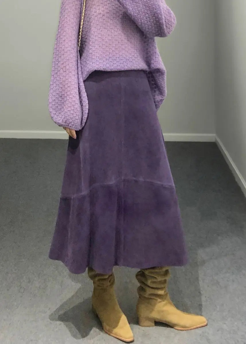 Purple High Waist Patchwork Sheepskin Skirts - Spring Fashion HA1039